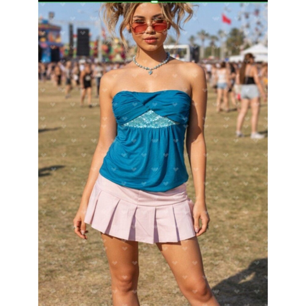Express Strapless Babydoll Top Large Teal Green Sequin Embellishment Flowy Y2K